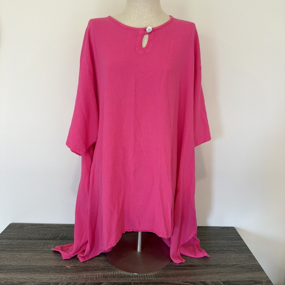 Oh My Gauze Pink Cotton Lagenlook Tunic Top Sharkbite Hem‎ Short Sleeve Pocket